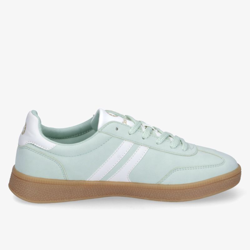 Eleganter Sneaker in Pastellgrün mit weißem Streifen und rutschfester Gummisohle, ideal für Freizeit und Sport.