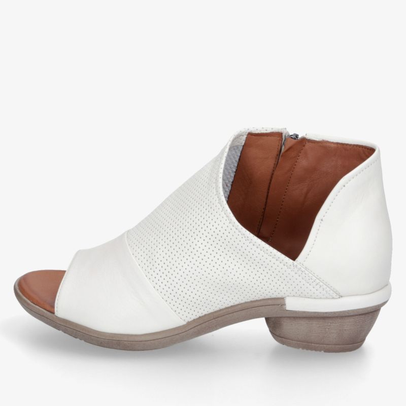 Weißer Schuh mit offenem Zehenbereich, Reißverschluss und niedrigem Absatz, bequem und elegant gestaltet