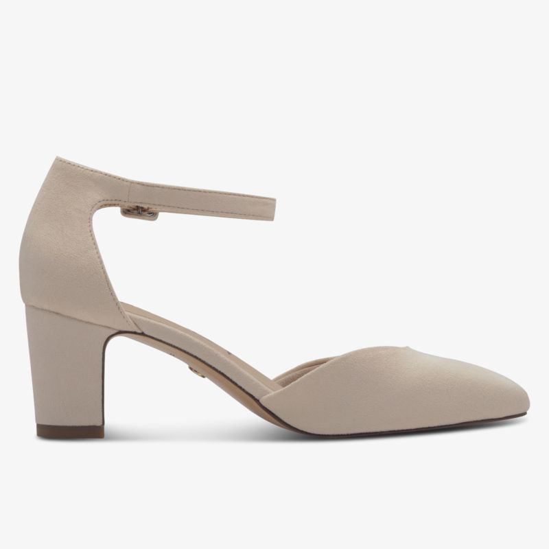 Eleganter Schuh mit bequemem mittelhohem Absatz und verstellbarem Knöchelriemen, seitliche Ansicht