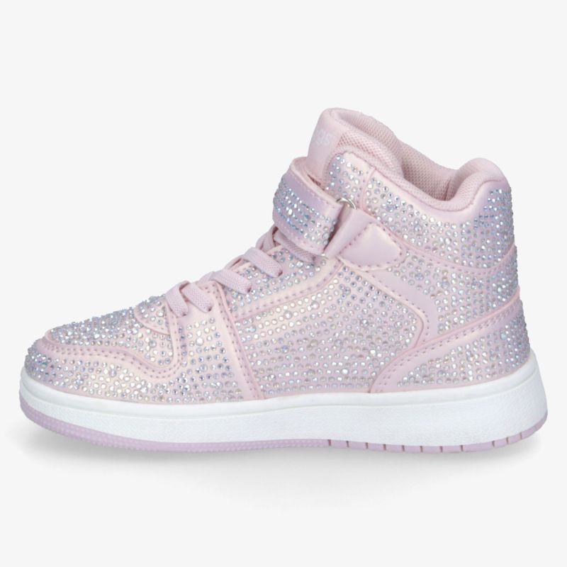 Seitliche Ansicht eines modischen pinkfarbenen Sneakers mit Glitzerelementen und hohem Schaft für Komfort.