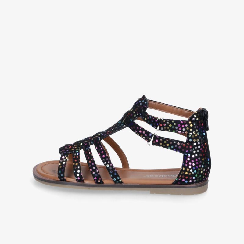 Seitliche Ansicht einer flachen Sandale mit funkelnden Glitzerelementen und bequemem Riemchendesign