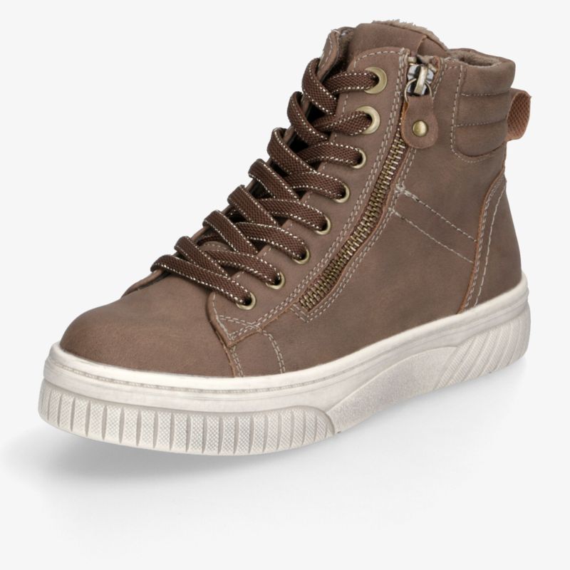 Brauner High-Top-Sneaker aus robustem Material mit Schnürung, seitlichem Reißverschluss und profilierter Plateausohle.