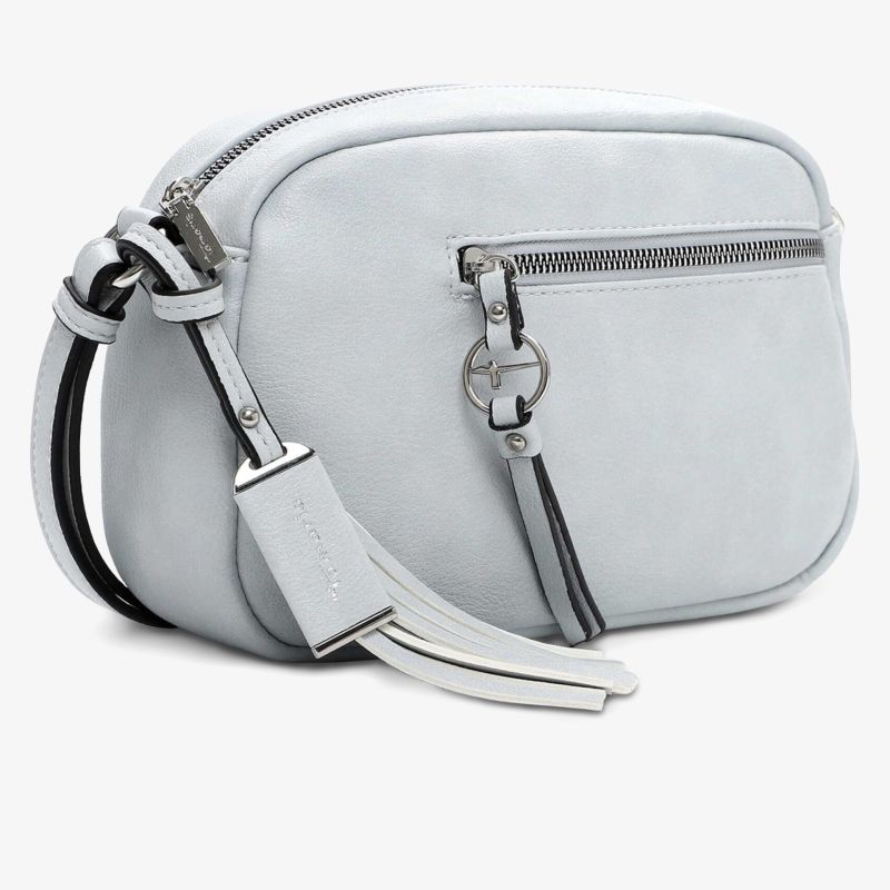 Kleine graue Umhängetasche mit Reißverschluss und dekorativer Quaste, modernes minimalistisches Design