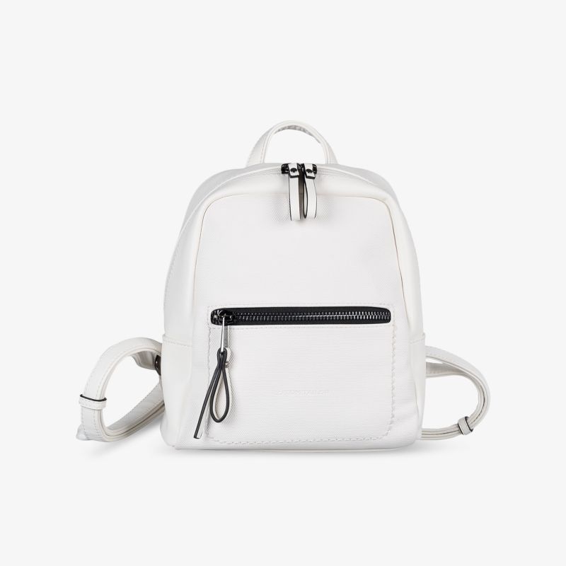 Weißer kompakter Rucksack mit minimalistischem Design und praktischer Fronttasche, klar und funktional