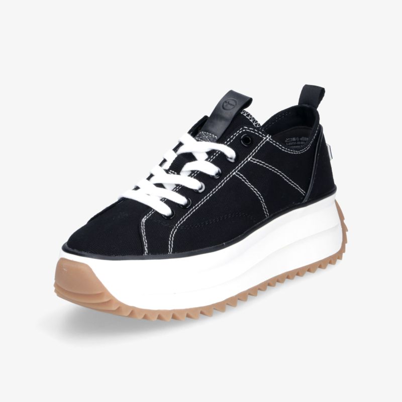 Schwarzer Sneaker mit weißer, dicker Komfortsohle und sportivem Design, gepolstert und schnürbar für optimalen Halt