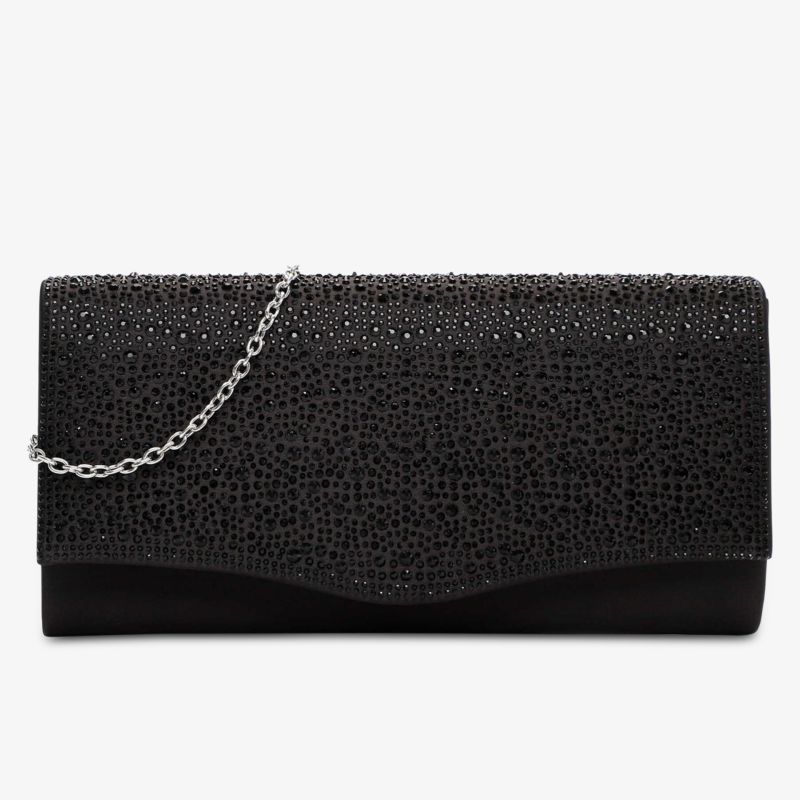 Elegante schwarze Clutch mit Kettendetail und glänzendem Finish für besondere Anlässe.