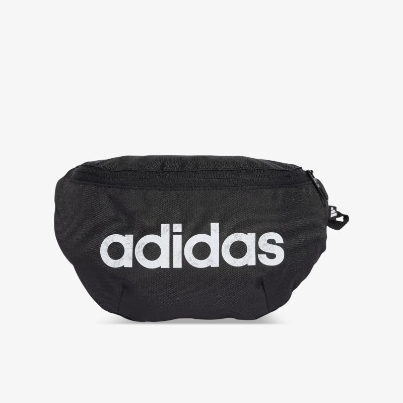 Schwarze adidas Gürteltasche mit großem Logo und leichtem Material, kompakt und praktisch für den Alltag