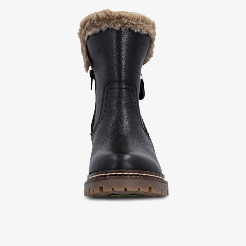 Schwarzer Winterstiefel mit warmem Pelzkragen, robustem Reißverschluss und rutschfester Profilsohle, Frontansicht
