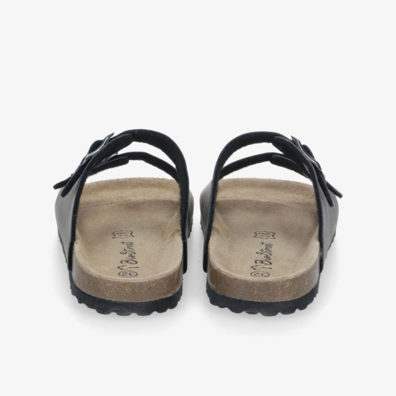 Komfortable schwarze Sandalen mit verstellbaren Riemen und weichem Fußbett, rückseitige Ansicht eines Paares