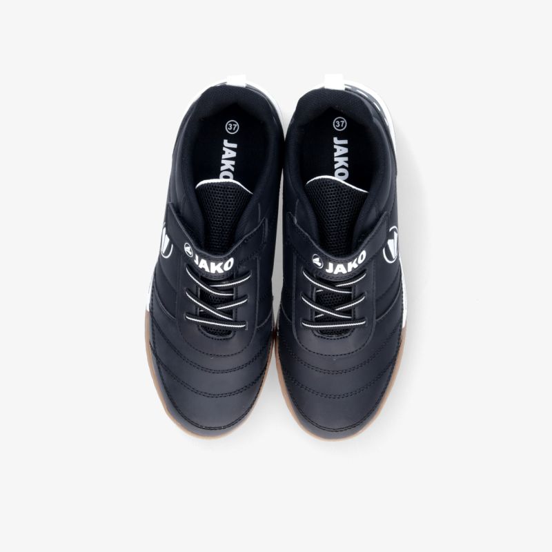 Sportlicher schwarzer Schuh, Paar von oben gezeigt mit moderner Schnürung und komfortablem Design