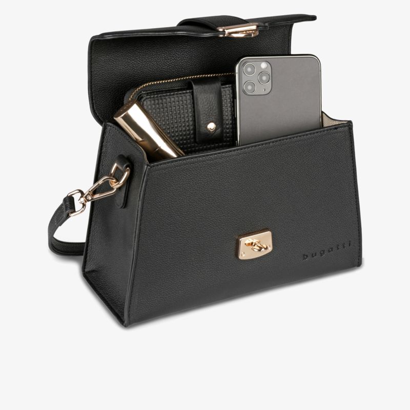 Elegante schwarze Handtasche mit strukturiertem Material und goldfarbenen Details, kompakt und stilvoll