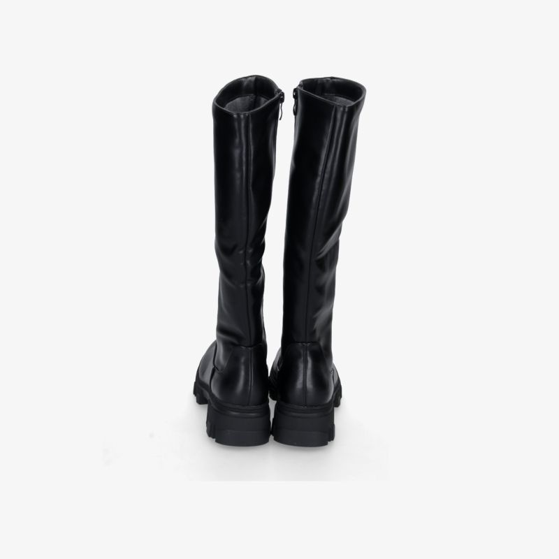 Hochwertige schwarze Stiefel mit stabilem Absatz und glattem Finish, Rückansicht zeigt elegantes Design