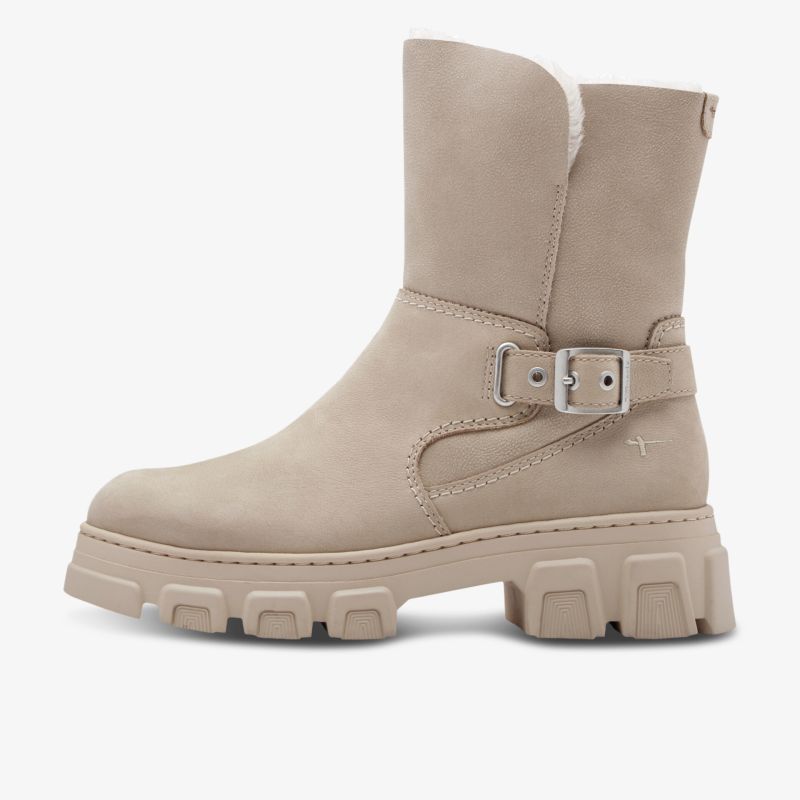 Gefütterter Stiefel mit robuster Profillaufsohle und verstellbarer Schnalle in neutralem Beige