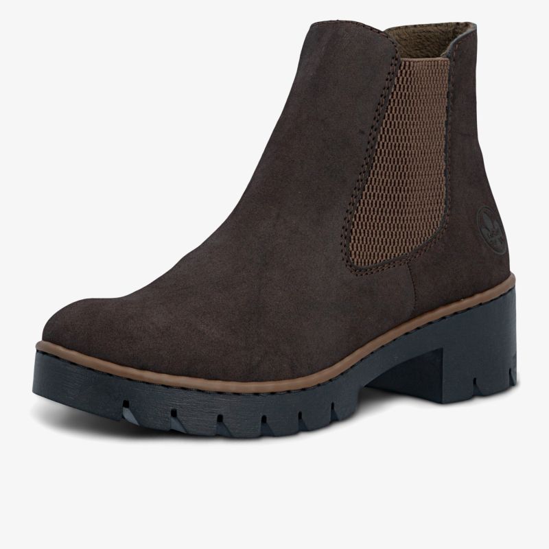 Brauner Chelsea Boot mit elastischem Einsatz, robustem Blockabsatz und profilierter Sohle in seitlicher Ansicht