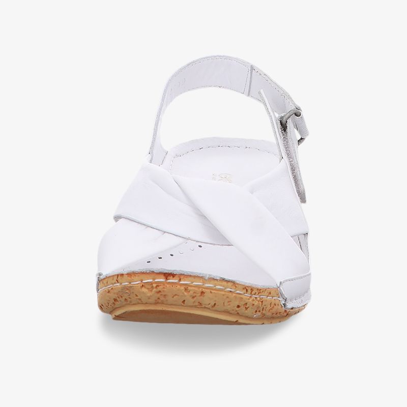 Weiße Sandalette mit verstellbarem Riemen und bequemer Korksohle für optimalen Halt und Komfort vorne gesehen