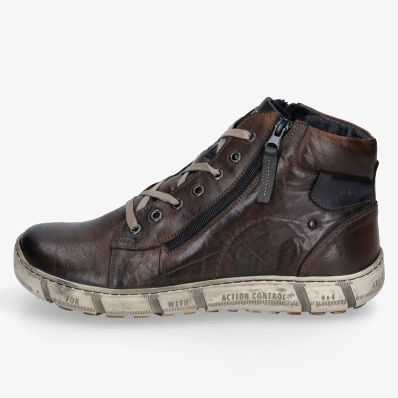 Seitliche Ansicht eines braunen Ledersneakers mit Reißverschluss und Schnürung, modisch und bequem gestaltet