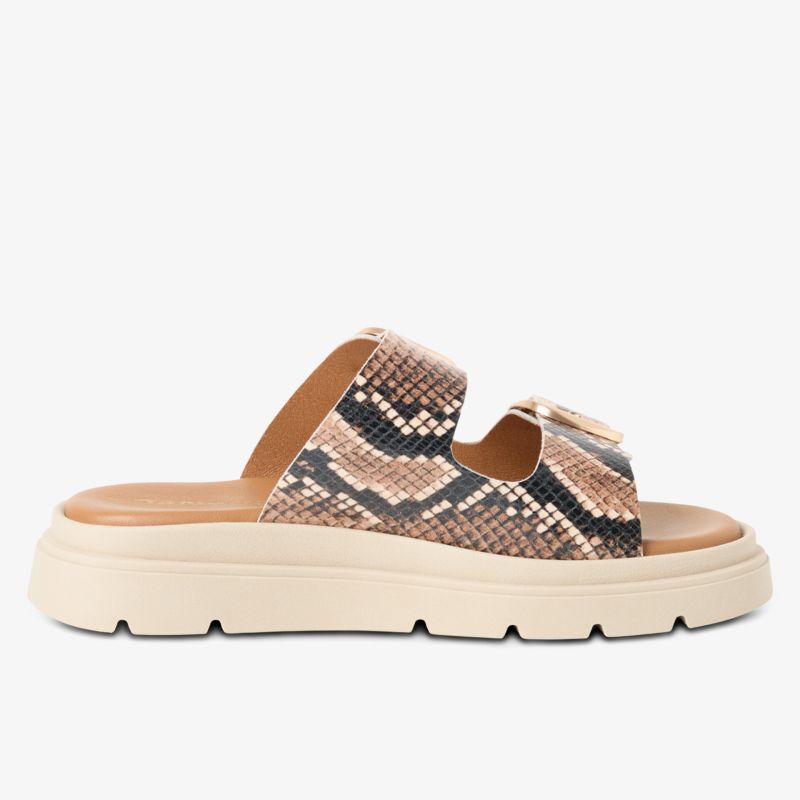 Modische Sandalen mit Schlangenmuster und bequemer Sohle.