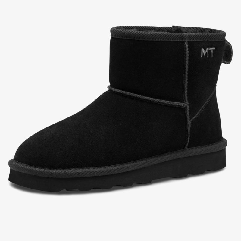 Schwarzer kuscheliger Stiefel mit flacher Sohle, bequem und warm für kalte Tage, schlichtes Design