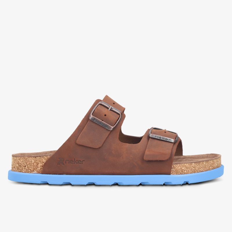 Bequeme Sandale mit verstellbaren Riemen, weicher Korksohle und blauer rutschfester Außensohle