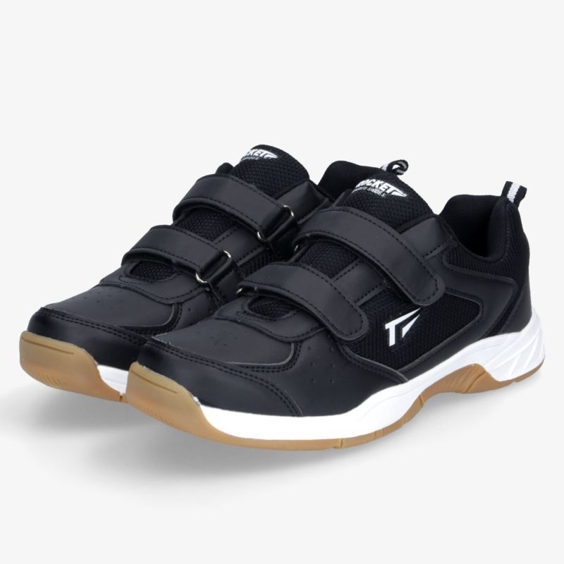 Schwarze Sportschuhe mit weißer Sohle, Klettverschluss für schnellen Halt, rutschfest und komfortabel