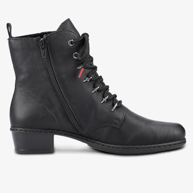 Schwarzer Lederstiefel mit seitlichem Reißverschluss, Schnürung und bequemem niedrigem Absatz