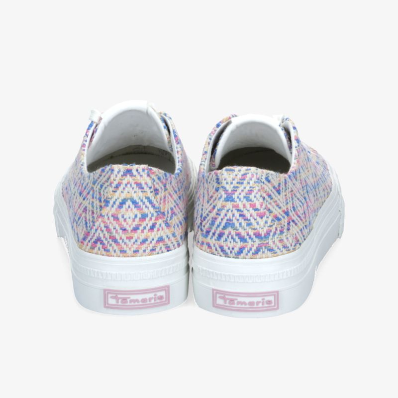 Rückansicht von farbenfrohen, robusten und bequemen Schuhen mit rutschfester Sohle und atmungsaktivem Material