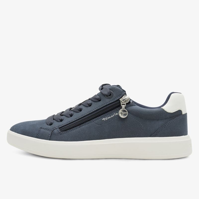 seitlich sichtbarer sportlicher Sneaker mit Reißverschluss und bequemer Profilsohle in navy und weiß