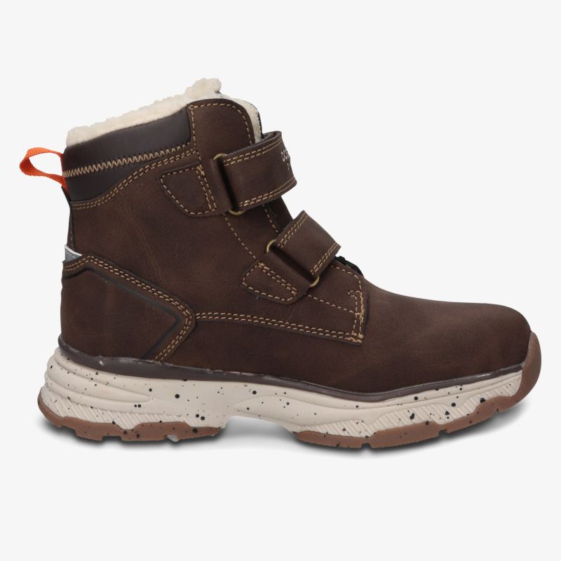 Robuster brauner Sicherheitsstiefel mit Klettverschluss, komfortabel und rutschfest, seitliche Ansicht
