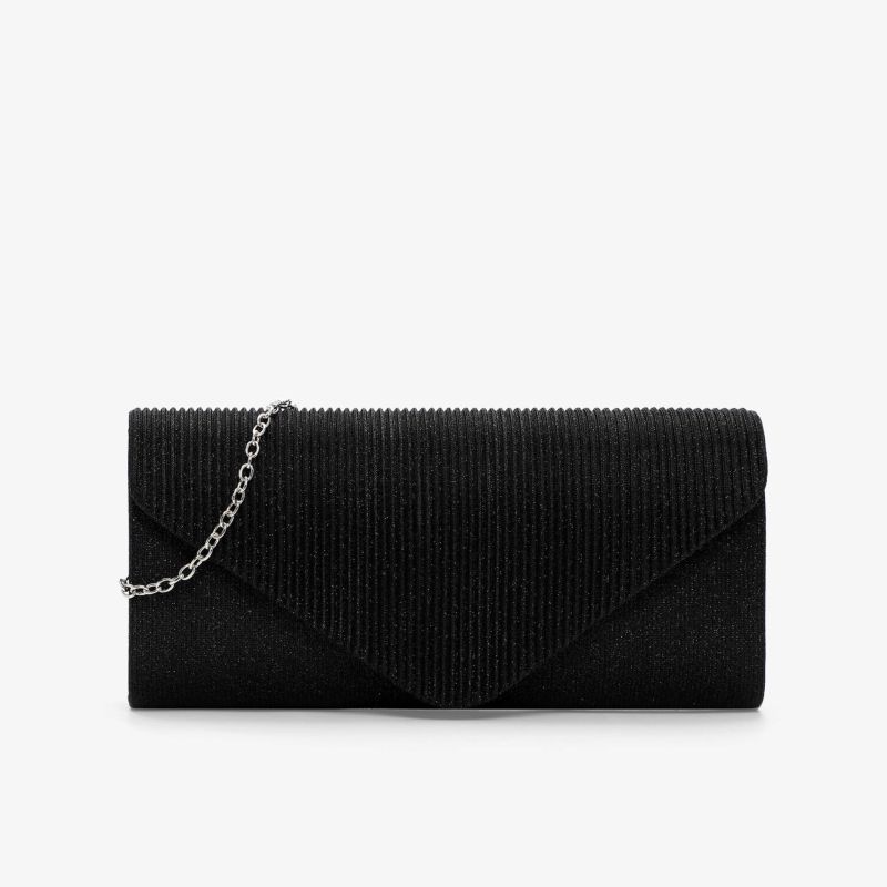 Elegante schwarze Clutch mit feinem Material und Kettenriemen, kompakt und stilvoll gestaltet