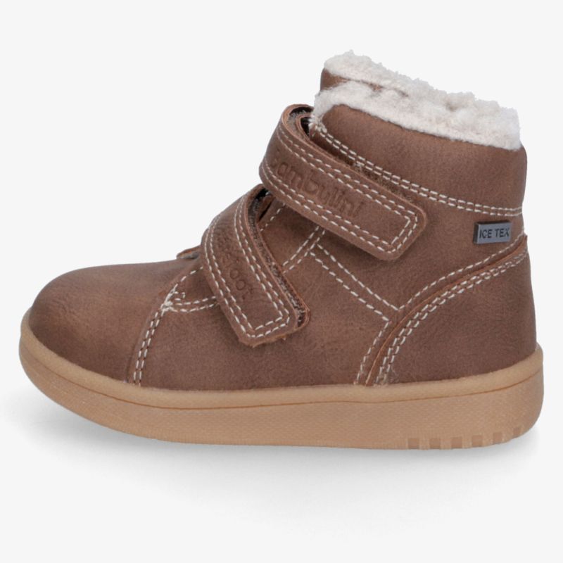 Brauner Sneaker mit warmem Innenfutter, Klettverschlüssen, griffiger Sohle und dekorativen Kontrastnähten