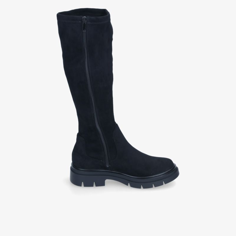 Schwarzer hoher Stiefel mit robustem Profil und bequemer Passform, ideal für vielseitigen Einsatz