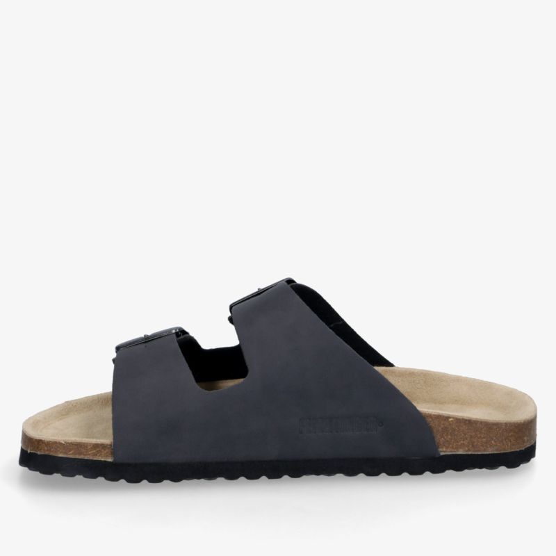 Bequemer schwarzer Slide-Sandal mit weichem Fußbett und rutschfester Sohle in seitlicher Ansicht