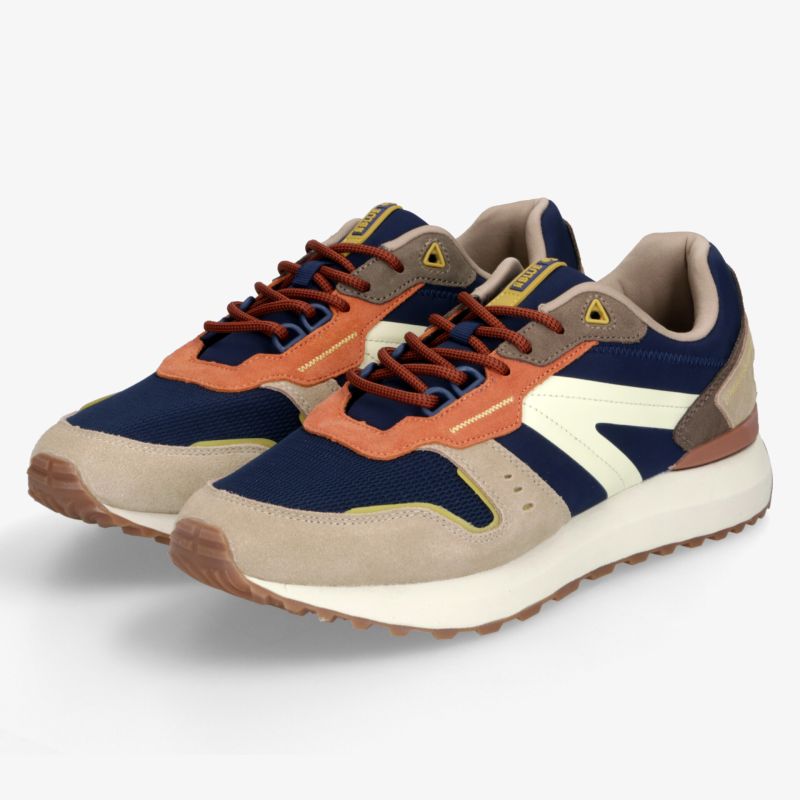Retro-Sneaker-Paar in Beige, Marineblau und Orange mit markanten Kontrastdetails, Schnürung und komfortabler Profilsohle