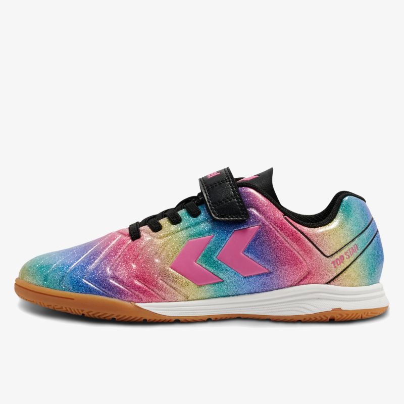 Seitliche Ansicht bunter Sportschuh mit rutschfester Sohle und bequemem Verschlussklett