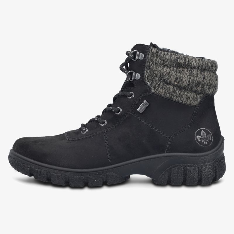 Seitenansicht robuster schwarzer Winterstiefel mit warmer Polsterung und schnürbarem Verschluss