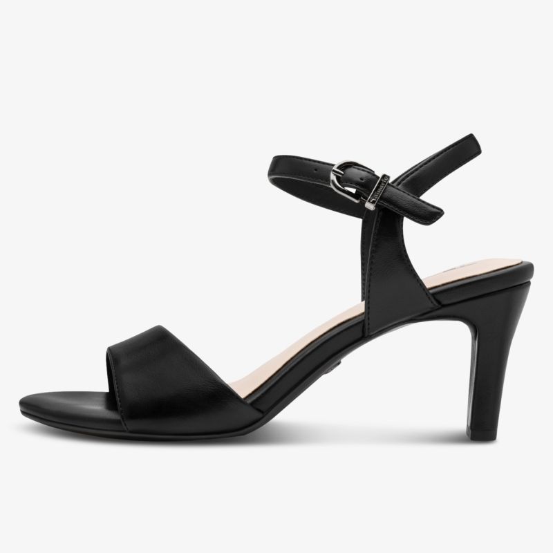 Elegante schwarze Sandale mit mittelhohem Absatz und verstellbarem Riemen für komfortablen Halt