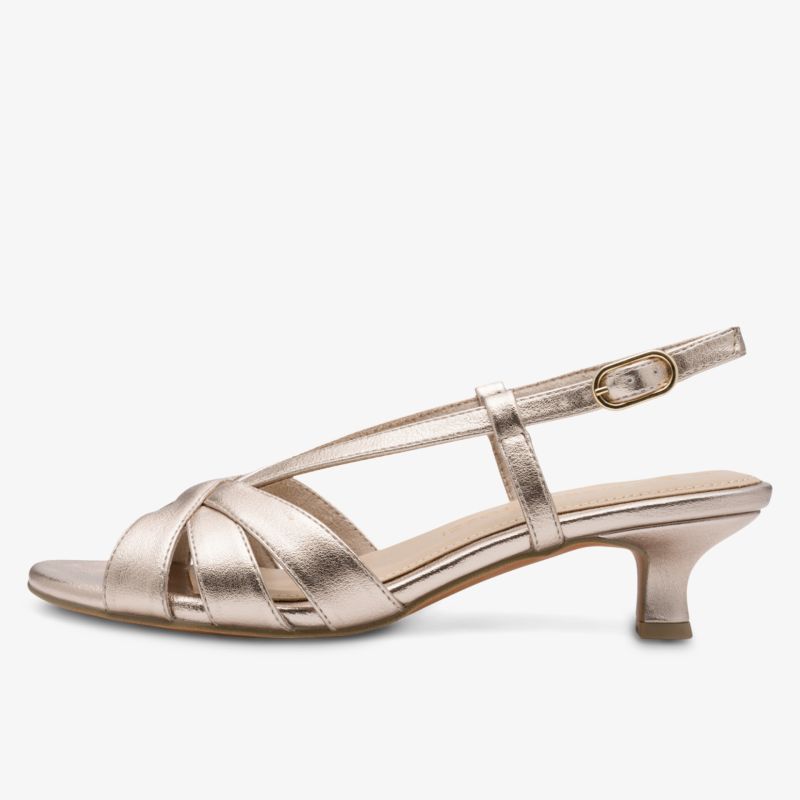 Eleganter goldfarbener Slingback Schuh mit niedrigem Absatz und modischem Riemendesign, bequem und hochwertig