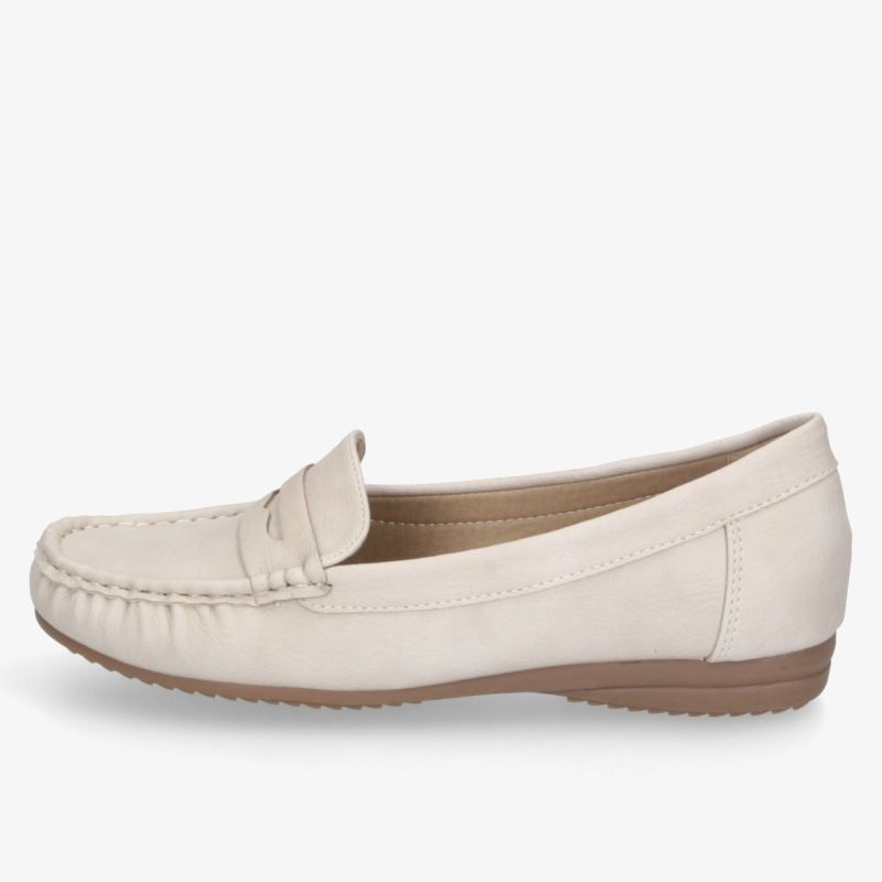 Beiger Loafer in seitlicher Ansicht mit elegantem Schnitt und flexibler, leichter Sohle für hohen Tragekomfort