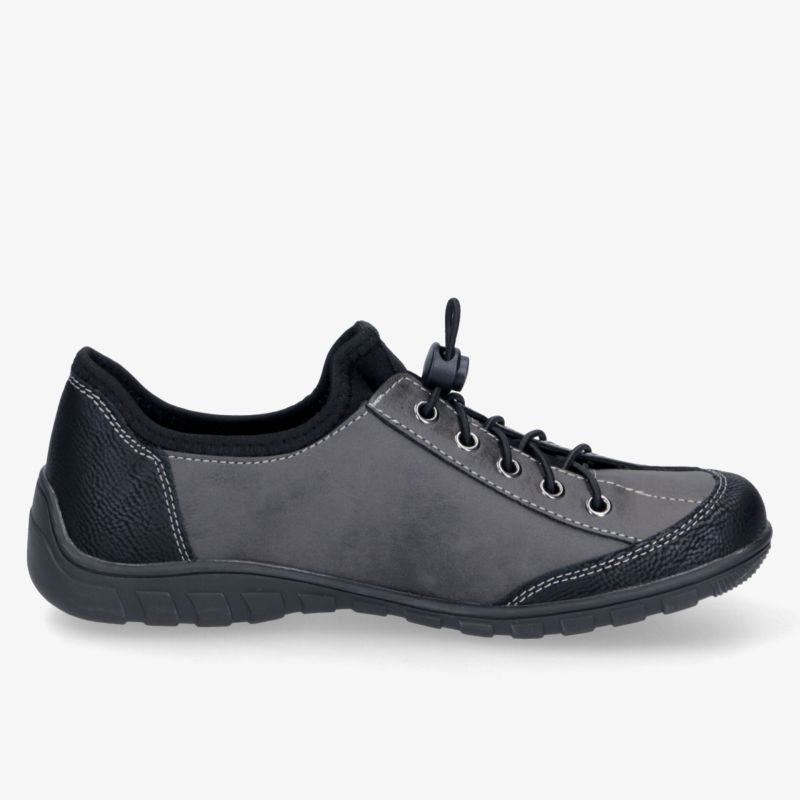 Leichter grauer Freizeitschuh mit flexibler Sohle und bequemem Sitz in klarer Seitenansicht