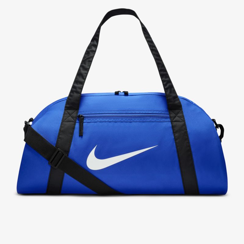Blau-schwarze Nike-Sporttasche mit modernem Design, robusten Trägern und Reißverschluss vorn.