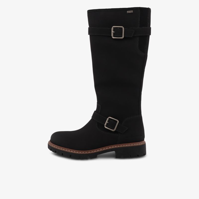 Schwarzer Stiefel mit zwei Schnallen und robustem Absatz, seitliche Ansicht