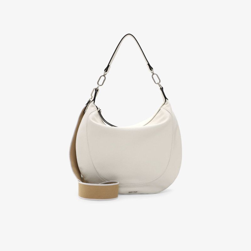 Elegante beige runde Handtasche mit glatter Oberfläche und verstellbarem Schulterriemen für vielseitige Nutzung