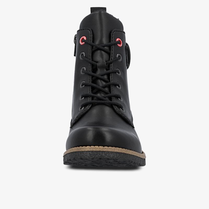 Robuster schwarzer Schuh mit markanter Profilsohle und komfortabler Schnürung frontal