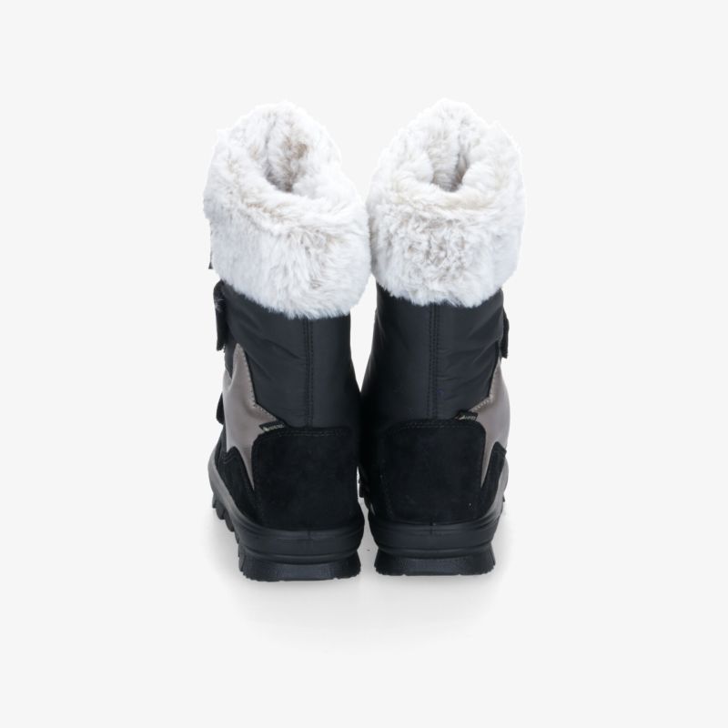 Warme schwarze Winterstiefel mit flauschigem Innenfutter, rutschfester Sohle und robustem Material, Rückansicht