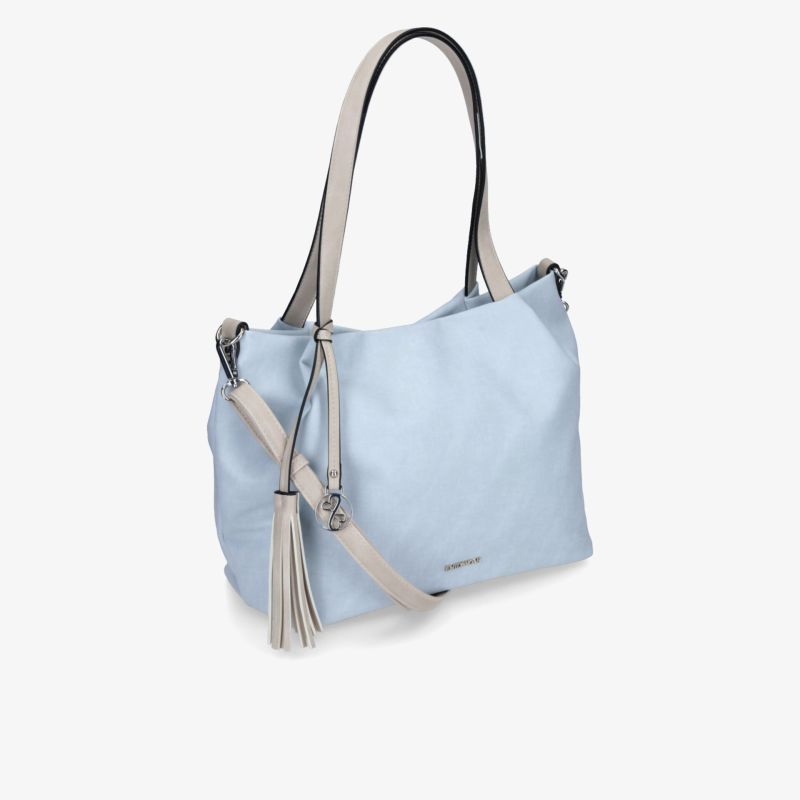Stilvolle hellblaue Handtasche mit eleganten Trägern und dekorativem Quastenanhänger, ideal für den Alltag.