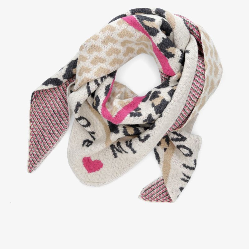 Trendiger Schal mit Leopardenmuster und Herzdetails in Beige und Pink für stilvolle Kombinationen