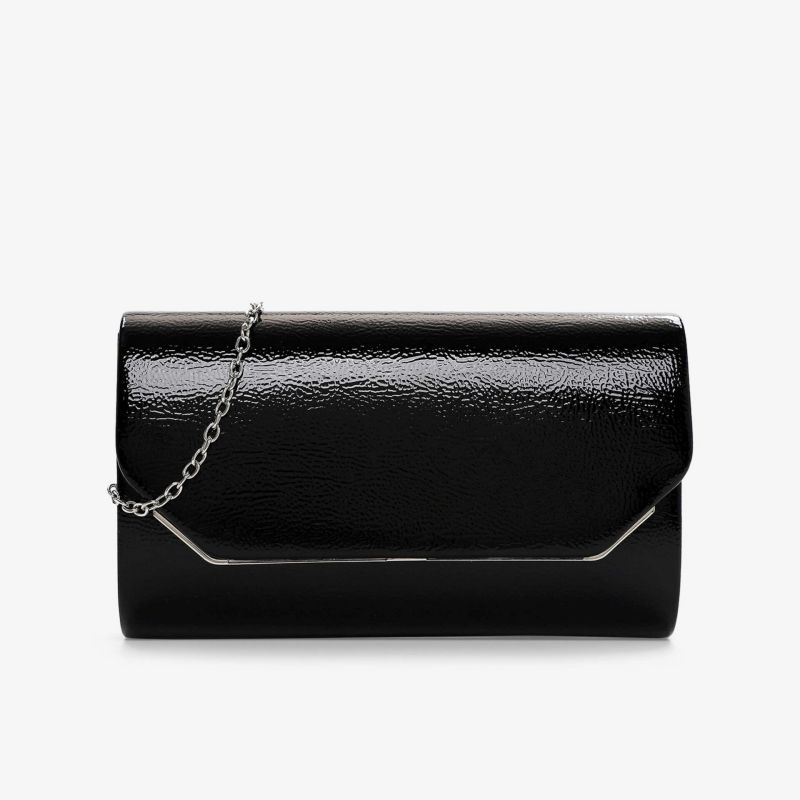 Elegante schwarze glänzende Abendtasche mit feiner Oberfläche und silberner Kette, kompakt und stilvoll
