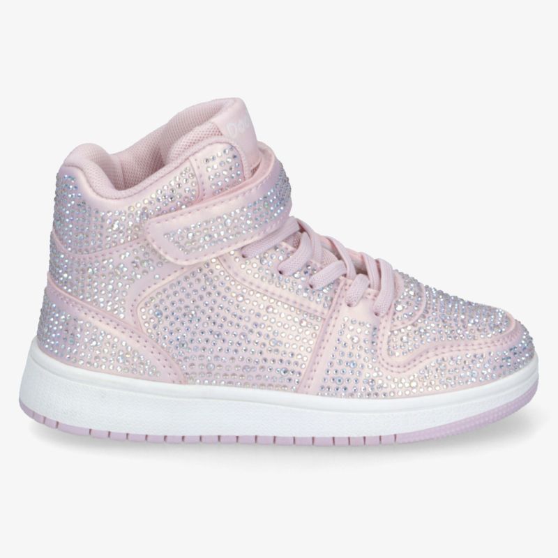 hoch geschnittener rosa sneaker mit glitzer und klettverschluss, weiße sohle, modisch und komfortabel