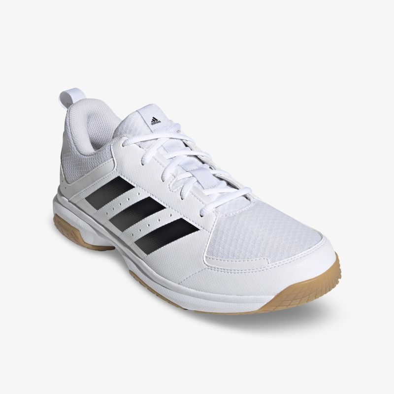 Moderner weißer Sportschuh mit schwarzen Streifen, atmungsaktiv und rutschfester Gummisohle