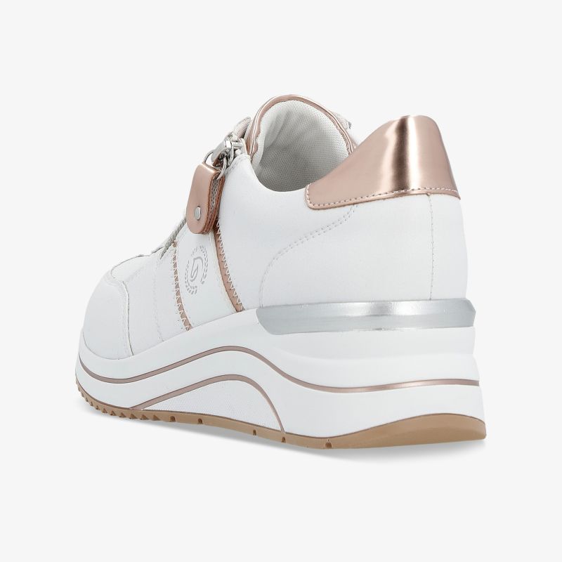 Weißer Sneaker mit gepolstertem Schaft und rosa Metallic-Detail, stabile rutschfeste Sohle, seitliche Ansicht